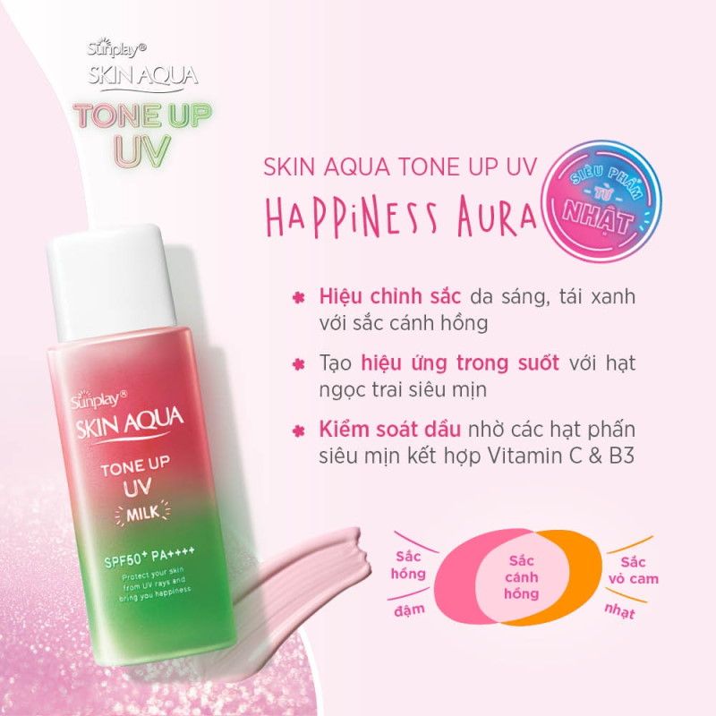 Sữa Chống Nắng Hiệu Chỉnh Sắc Da Sunplay Skin Aqua Tone Up UV Milk Happiness Aura - Rose SPF50+/PA++++ 50g