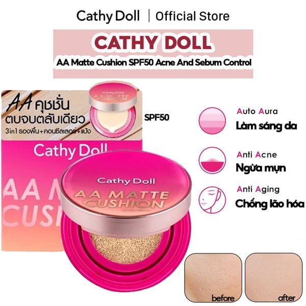 Phấn Nước Trang Điểm Che Phủ Hoàn Hảo Cathy Doll AA Matte Cushion SPF50 Acne And Sebum Control 10g