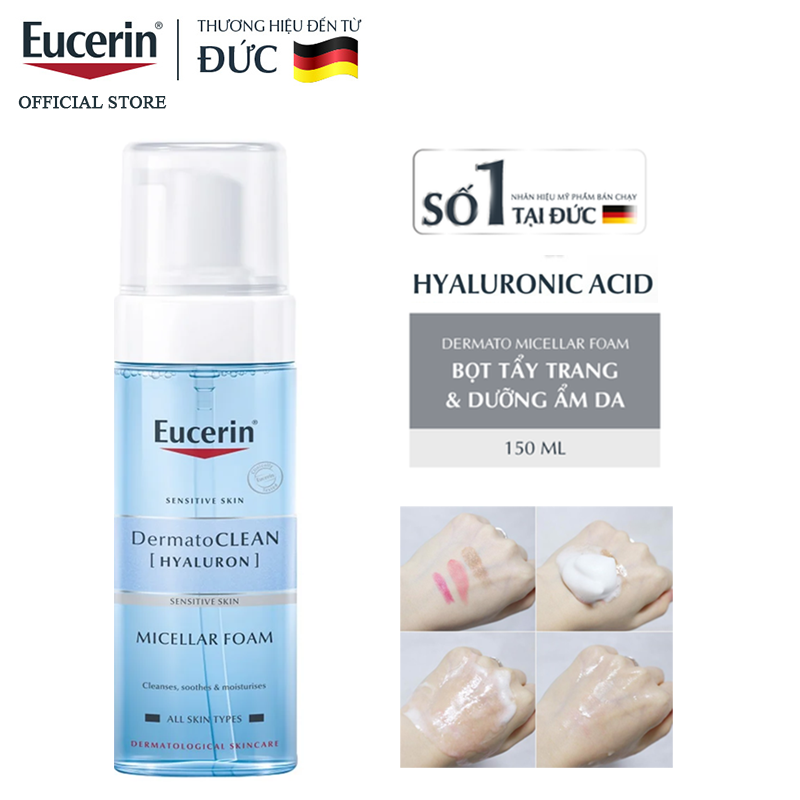 Bọt Tẩy Trang Làm Sạch Sâu, Cấp Ẩm Eucerin Sensitive Skin Dermatoclean Hyaluron Micellar Foam 150ml