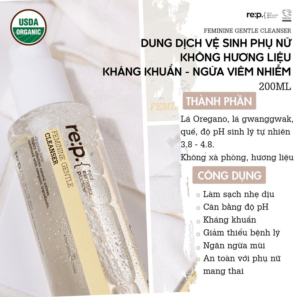 Dung Dịch Vệ Sinh Phụ Nữ Ngừa Nấm Ngứa, Làm Hồng Se Khít Vùng Kín Re:p Feminine Gentle Cleanser 200ml (Che tên sản phẩm khi giao hàng)