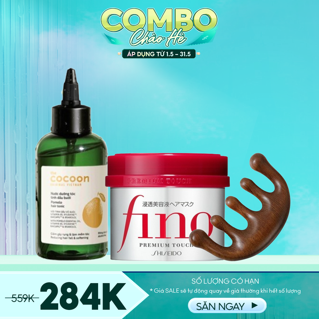 Combo Chăm Sóc Tóc - 3 Sản Phẩm (Xịt Dưỡng Tóc Cocoon 40ml + Ủ Tóc Fino 230g + Lược Gỗ Đàn Hương TOOLA)