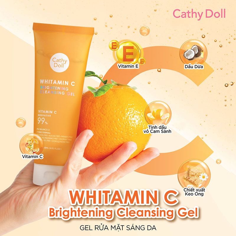 Gel Rửa Mặt Cathy Doll Vitamin C Hỗ Trợ Dưỡng Sáng Da, Mờ Thâm Whitamin C Brightening Cleansing Gel 120ml