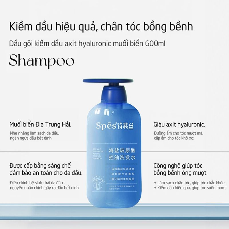 Dầu Gội Kiềm Dầu, Dưỡng Ẩm, Giúp Tóc Bồng Bềnh SPES Sea Salt Hyaluronic Acid Oil Control Shampoo 600ml