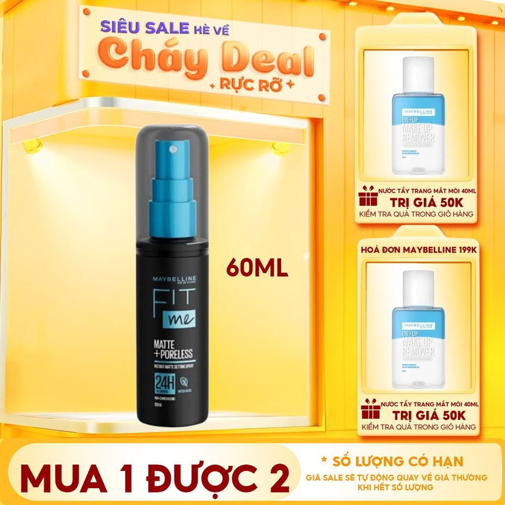 Xịt Khóa Nền Maybelline Cố Định Trang Điểm Kiềm Dầu, Mịn Lì Fit Me Matte Poreless Setting Spray 60ml