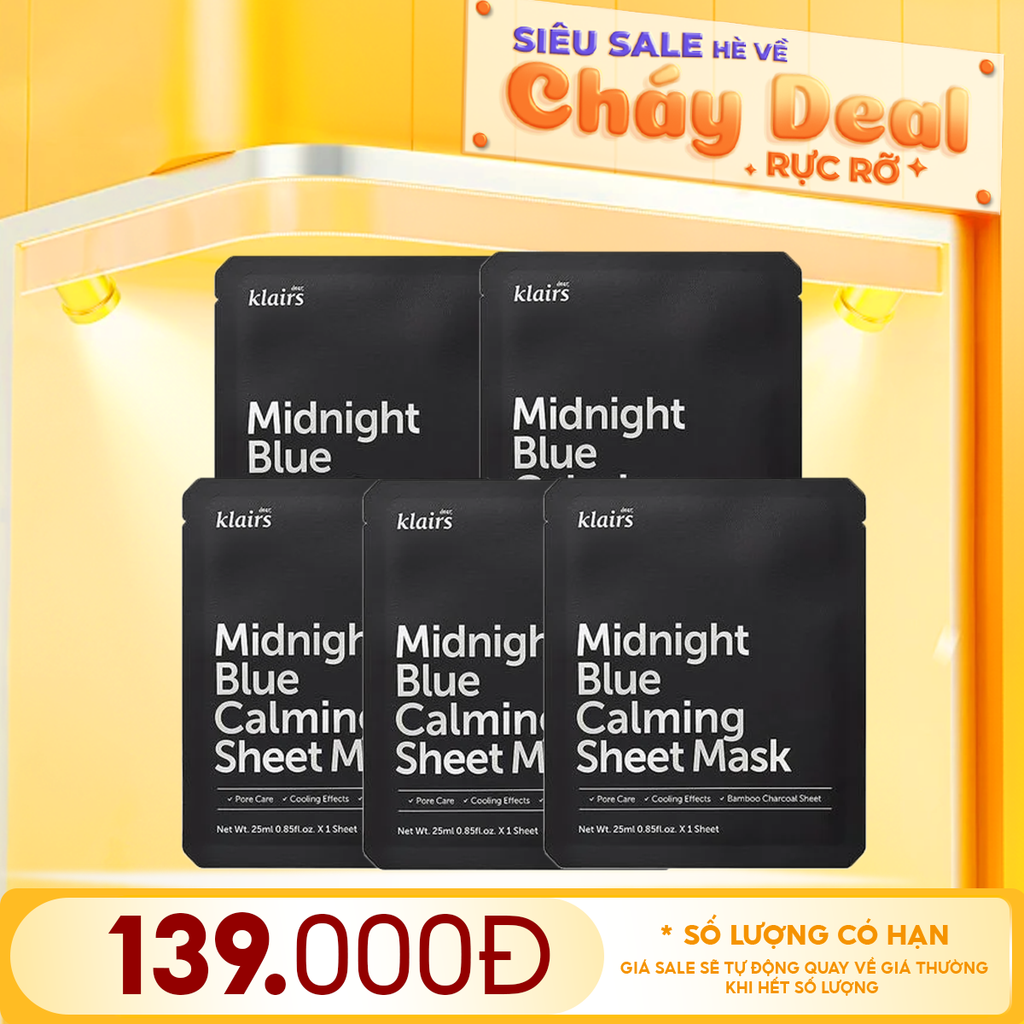 Combo 5 Miếng Mặt Nạ Klairs Làm Dịu, Hỗ Trợ Giảm Kích Ứng, Phục Hồi Da Midnight Blue Calming Sheet Mask 25ml