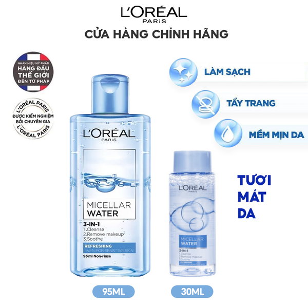  [30ml - 95ml] Nước Tẩy Trang L'Oreal Làm Sạch Tươi Mát 3 In 1 Cho Da Dầu Micellar Water Refreshing Even For Sensitive Skin 