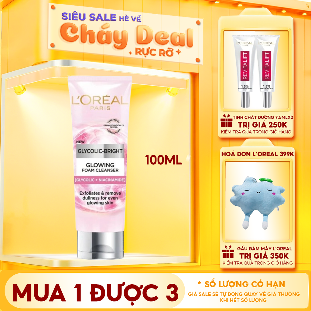 Sữa Rửa Mặt L'oreal Hỗ Trợ Làm Sáng Da Glycolic-Bright Glowing Daily Cleanser Foam 100ml
