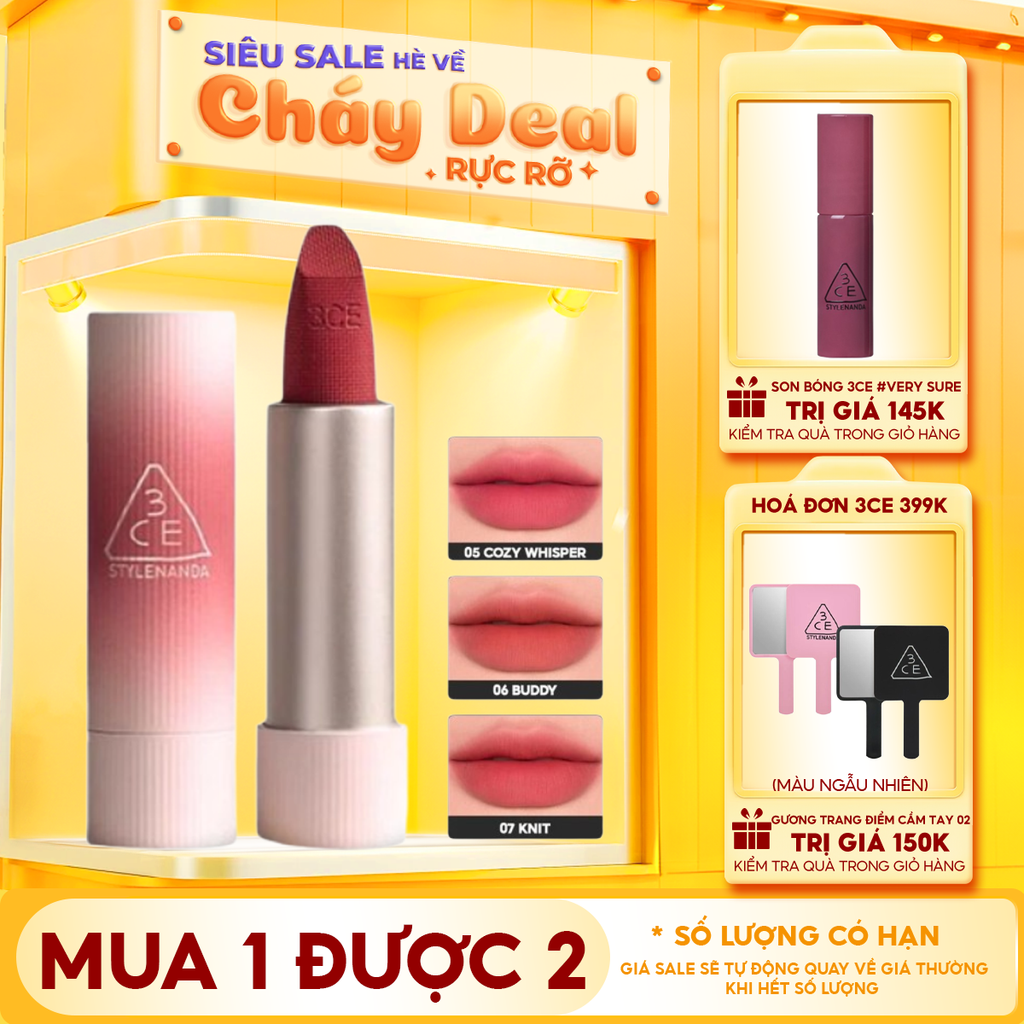 Son Thỏi Mịn Lì, Mềm Môi 3CE Cashmere Hug Lipstick 3.5g