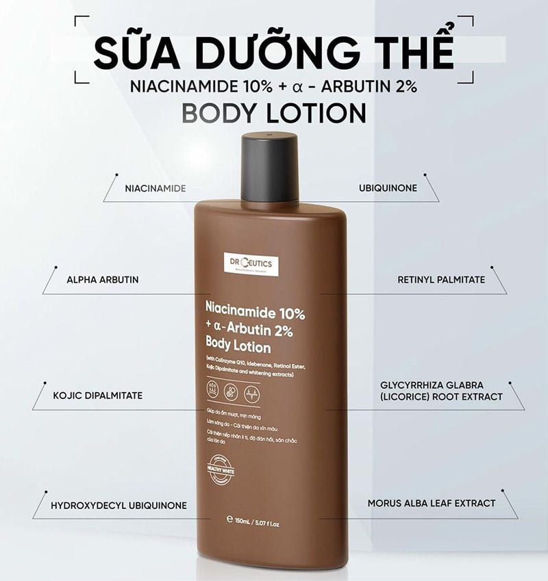 Sữa Dưỡng Thể Hỗ Trợ Dưỡng Trắng Da DrCeutics Niacinamide 10%+ α- Arbutin 2% Body Lotion 150ml