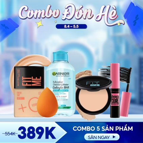 Combo Makeup Hè - 5 Sản Phẩm (Kem Nền Maybelline 02 + Phấn Phủ Maybelline 112 +  Tẩy Trang Mini Garnier 125ml + Bông Mút Maybelline + Mascara Mini Maybelline 4.5ml)