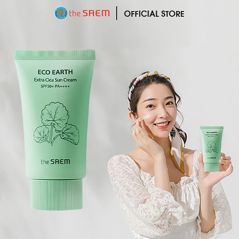 Kem Chống Nắng The Saem Nâng Tông, Cân Bằng Ẩm, Chiết Xuất Rau Má Eco Earth Extra Cica Sun Cream SPF50+/PA++++ 50g