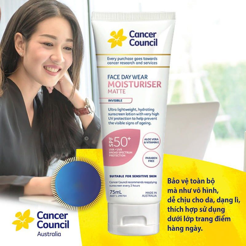 Kem Chống Nắng Cancer Council Dưỡng Ẩm, Dịu Nhẹ Face Day Wear Moisturiser Matte Invisible SPF50+ PA++++ 75ml