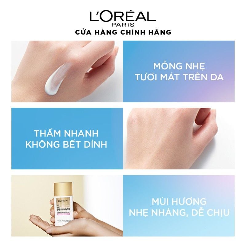 Kem Chống Nắng L'Oreal Mịn Nhẹ, Bảo Vệ Da, Ngăn Ngừa Lão Hóa UV Defender Serum Protector SPF 50+/PA++++