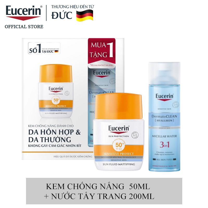 [Mua 1 Tặng 1] Kem Chống Nắng Tặng Tẩy Trang Cho Da Thường ( Eucerin Sun Fluid Mattifying Sensitive Protect 50ml + Hyaluron Micellar Water 200ml )