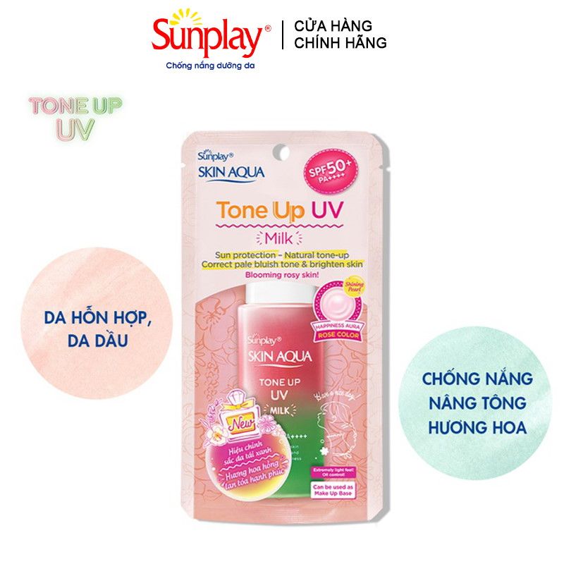 Sữa Chống Nắng Hiệu Chỉnh Sắc Da Sunplay Skin Aqua Tone Up UV Milk Happiness Aura - Rose SPF50+/PA++++ 50g