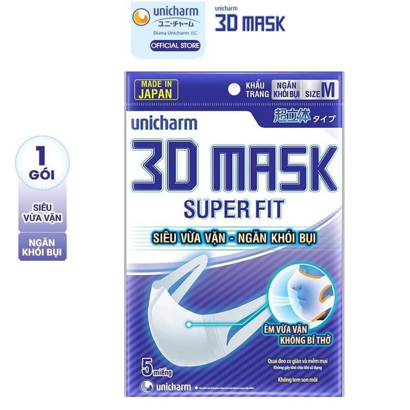 [Gói 5 Cái] Khẩu Trang Siêu Vừa Vặn Ngăn Khói Bụi Unicharm 3D Mask Super Fit