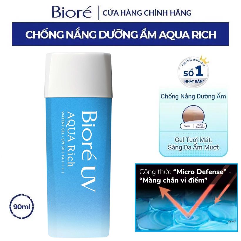 Kem Chống Nắng Dạng Gel, Dưỡng Ẩm Bioré UV Aqua Rich Watery Gel SPF50+/PA++++ 90ml