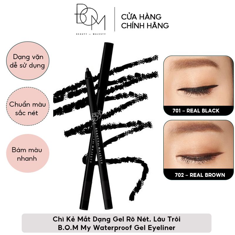 Chì Kẻ Mắt Dạng Gel Rõ Nét, Lâu Trôi B.O.M My Waterproof Gel Eyeliner 0.7g - Màu 702 Real Brown (date 11/2024)