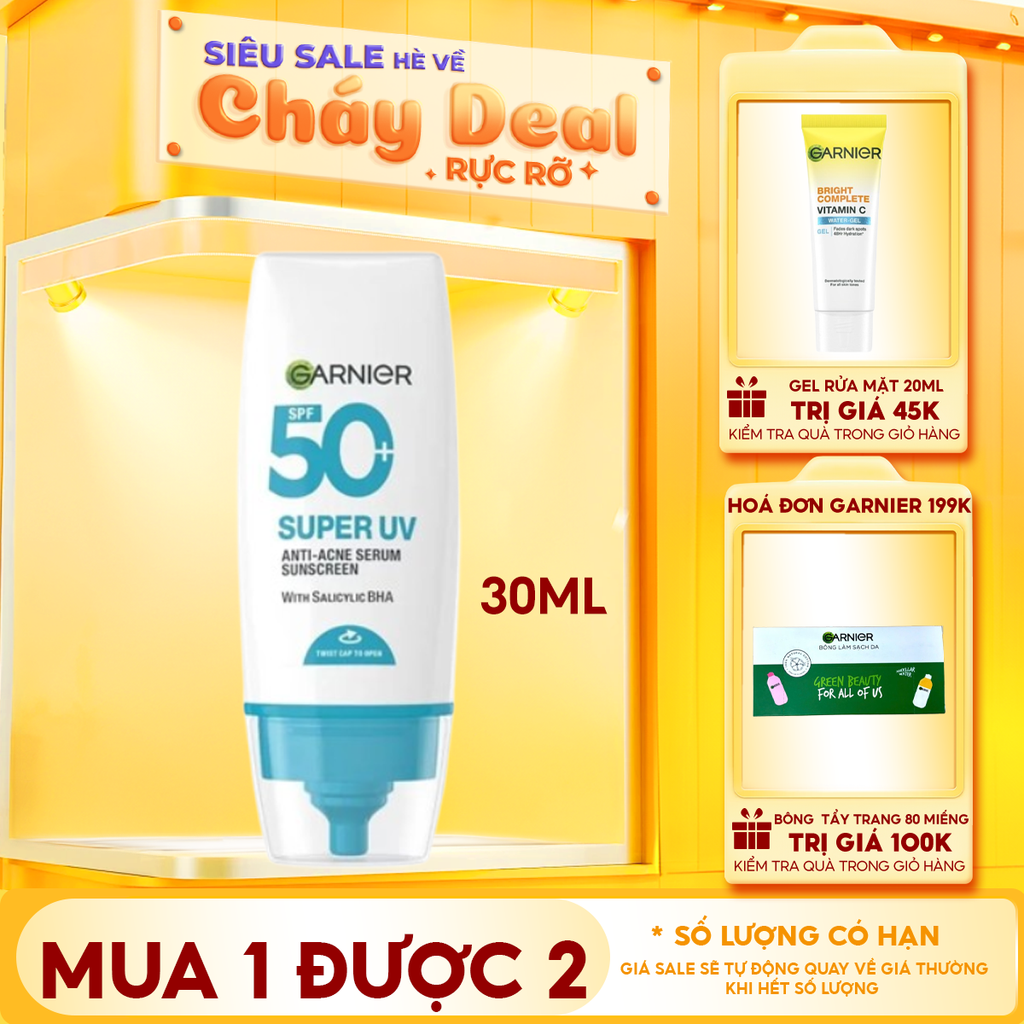 Kem Chống Nắng Phổ Rộng Garnier Kiềm Dầu, Hỗ Trợ Giảm Mụn Super Uv Anti-Acne Serum Sunscreen SPF50+ PA++++ 30ml