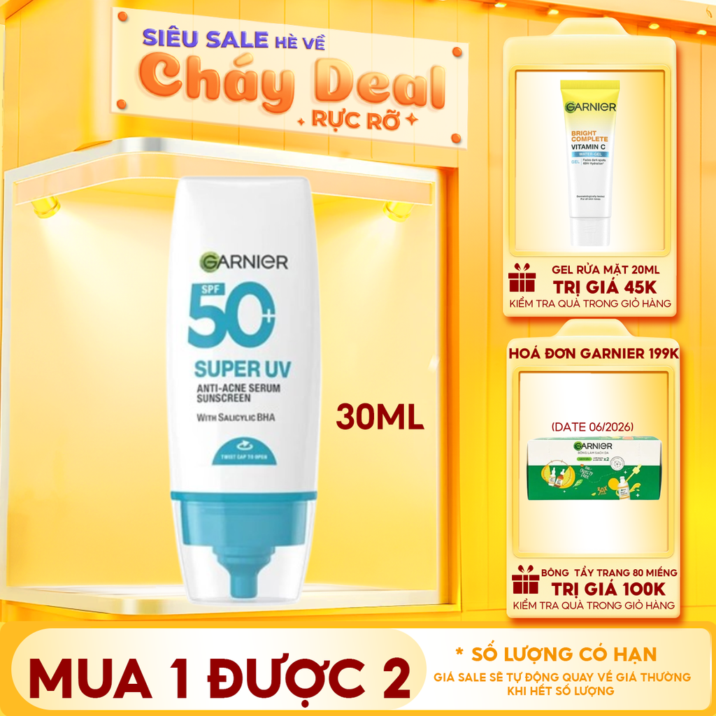 Kem Chống Nắng Phổ Rộng Garnier Kiềm Dầu, Hỗ Trợ Giảm Mụn Super Uv Anti-Acne Serum Sunscreen SPF50+ PA++++ 30ml