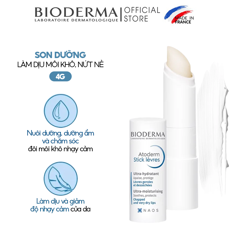 Son Dưỡng Làm Dịu Môi Khô, Nứt Nẻ Bioderma Atoderm Stick Levres 4g