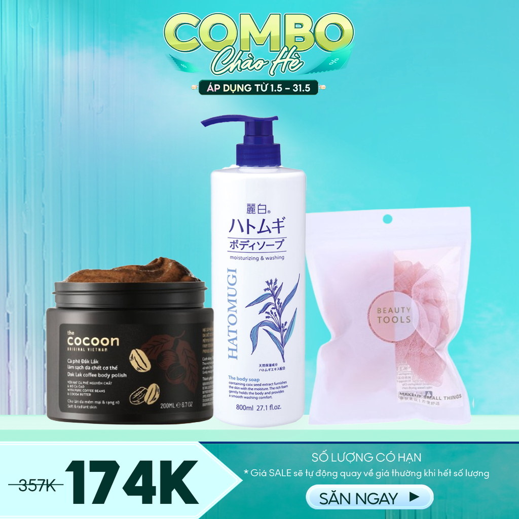 Combo Chăm Sóc Cơ Thể - 3 Sản Phẩm (Tẩy Da Chết Cocoon 200ml + Sữa Tắm Hatomugi 800ml + Bông Tắm Tạo Bọt LMLTOP)