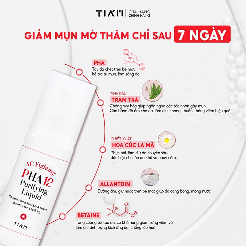 Tinh Chất Hỗ Trợ Giảm Mụn, Mờ Thâm, Loại bỏ Tế Bào Chết 12% PHA + 4,75% Tinh Dầu Tràm Trà Tiam AC Fighting PHA 12 Purifying Liquid 80ml