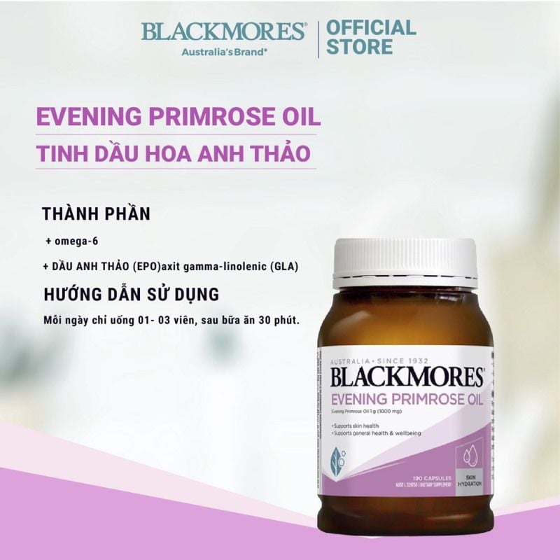 [190 Viên/Lọ] Viên Hỗ Trợ Cân Bằng Nội Tiết Tố, Làm Đẹp Da, Tóc, Móng Tinh Dầu Hoa Anh Thảo Blackmores Evening Primrose Oil
