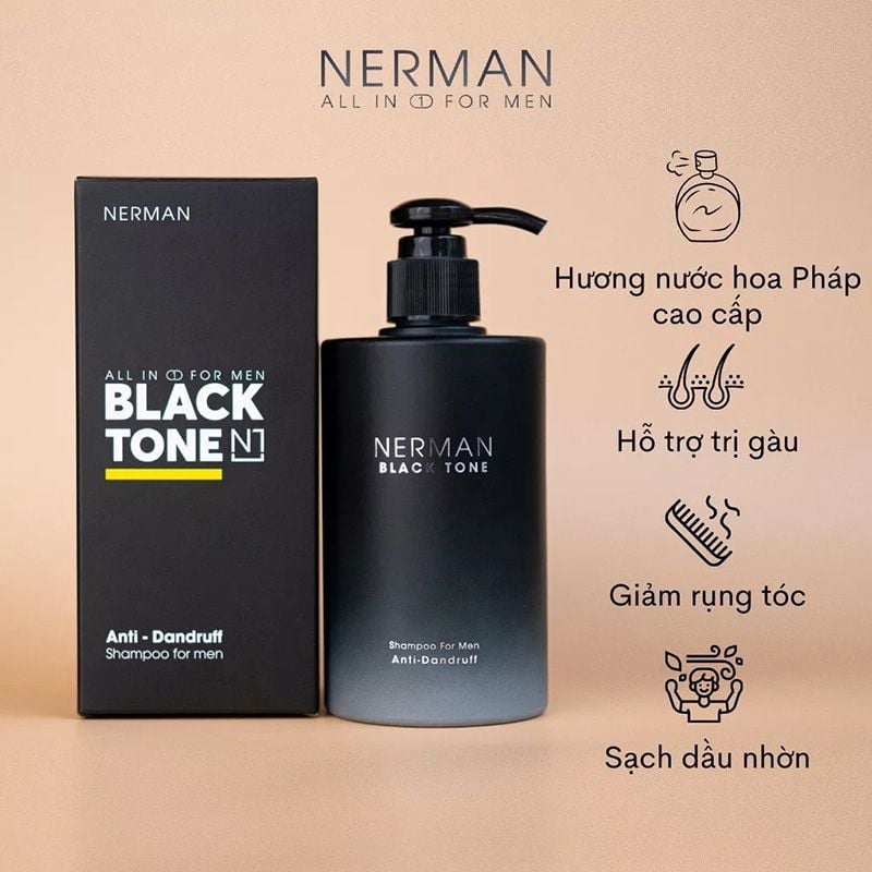 Dầu Gội Sạch Gàu Cho Nam Hương Nước Hoa Pháp Nerman Black Tone Anti-Dandruff Shampoo For Men 350g