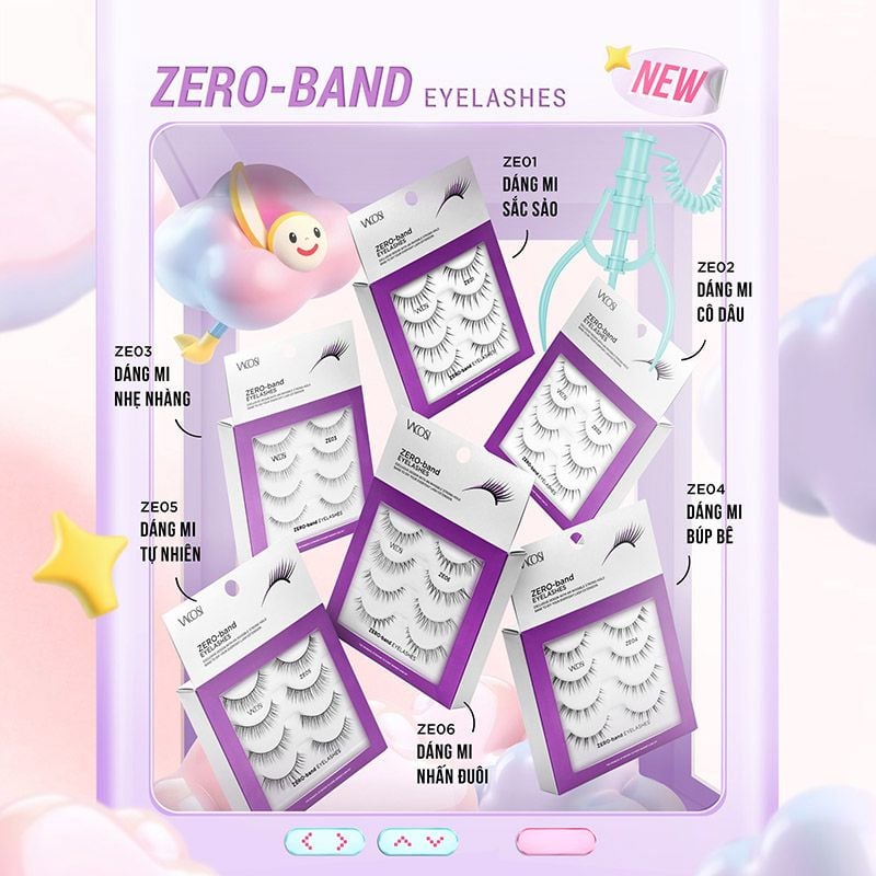Lông Mi Giả Gân Trong Mềm Mại, Không Gây Nặng Mắt Vacosi Zero Band Eyelashes VM28 (4 Cặp/Hộp)