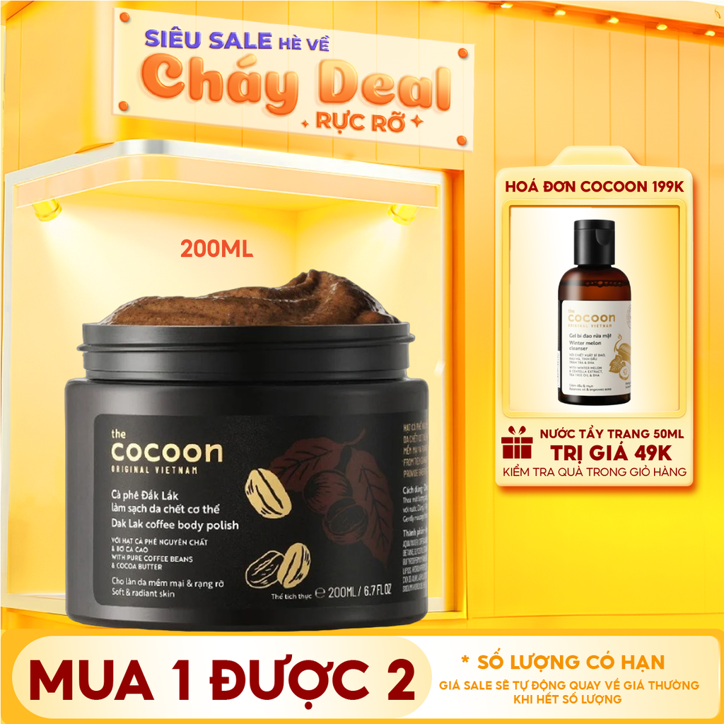 Tẩy Da Chết Body Cocoon Làm Đều Màu Da Và Dưỡng Mịn Da Chiết Xuất Cà Phê Dak Lak, Đường Thốt Nốt An Giang Body Polish