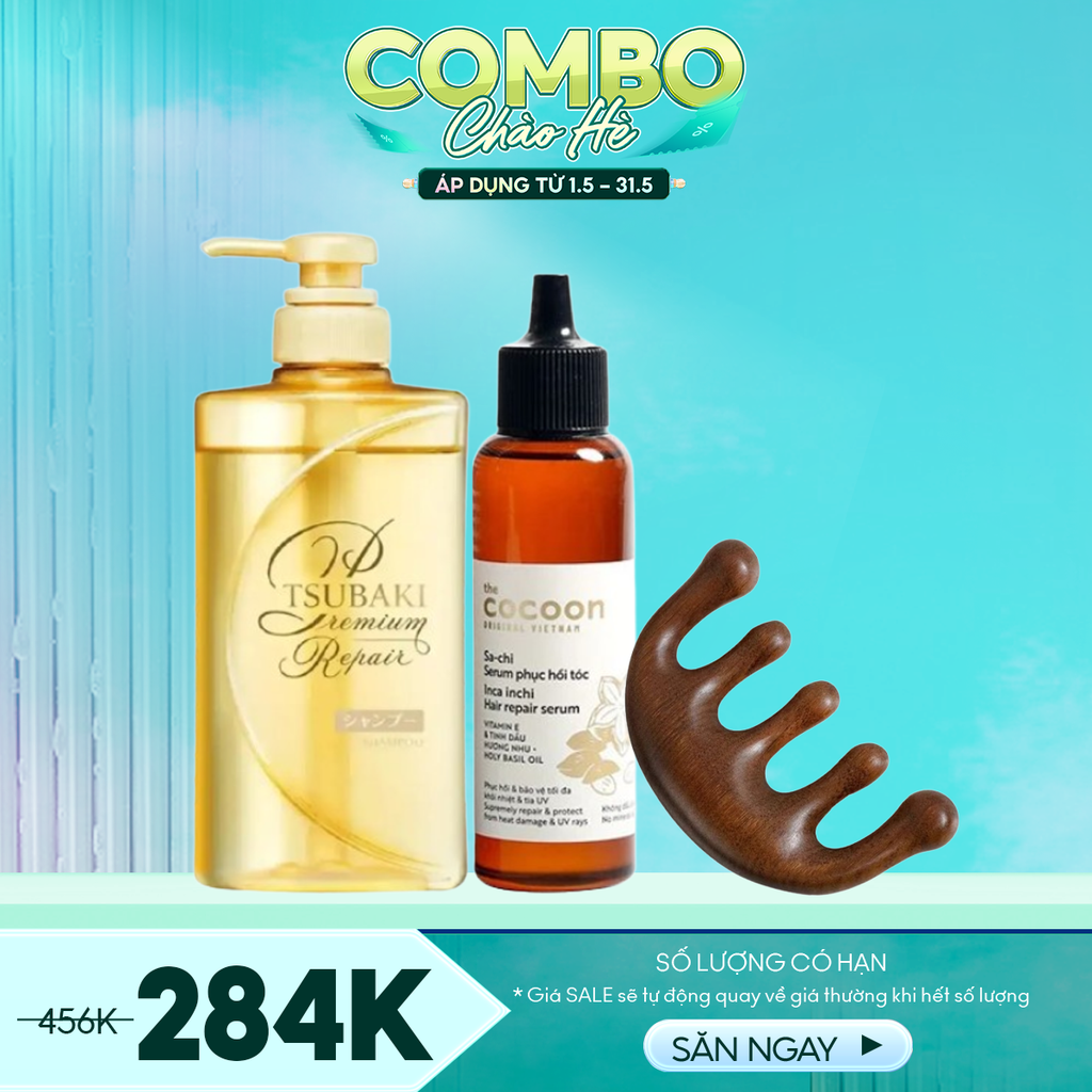 Combo Phục Hồi Tóc - 3 Sản Phẩm (Serum Dưỡng Tóc Cocoon 70ml + Dầu Gội Tsubaki 490ml + Lược Gỗ Đàn Hương TOOLA)