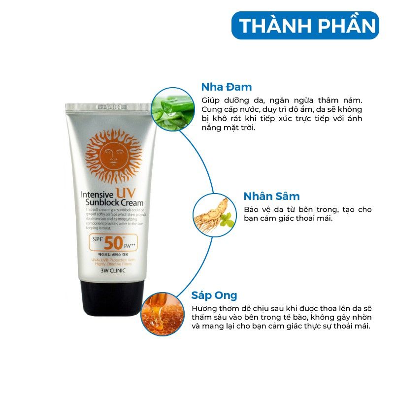 Kem Chống Nắng 3W Clinic Dành Cho Mọi Loại Da Intensive UV Sunblock Cream SPF50 PA+++ 70ml