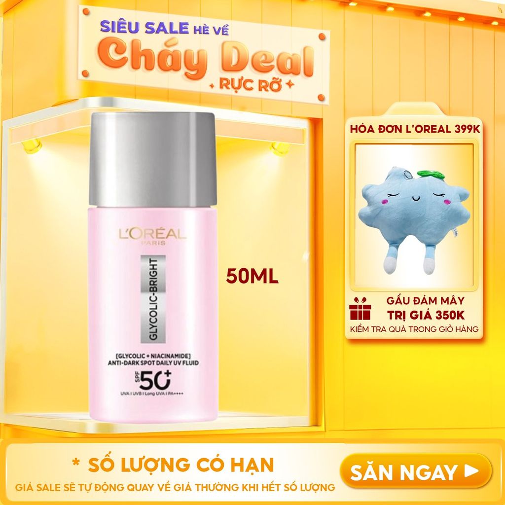 Sữa Chống Nắng Phổ Rộng L'oreal Mỏng Nhẹ, Hỗ Trợ Dưỡng Sáng, Giảm Mờ Thâm Nám Glycolic-Bright Anti-Dark Spot Daily Uv Fluid SPF 50+/PA++++ 50ml