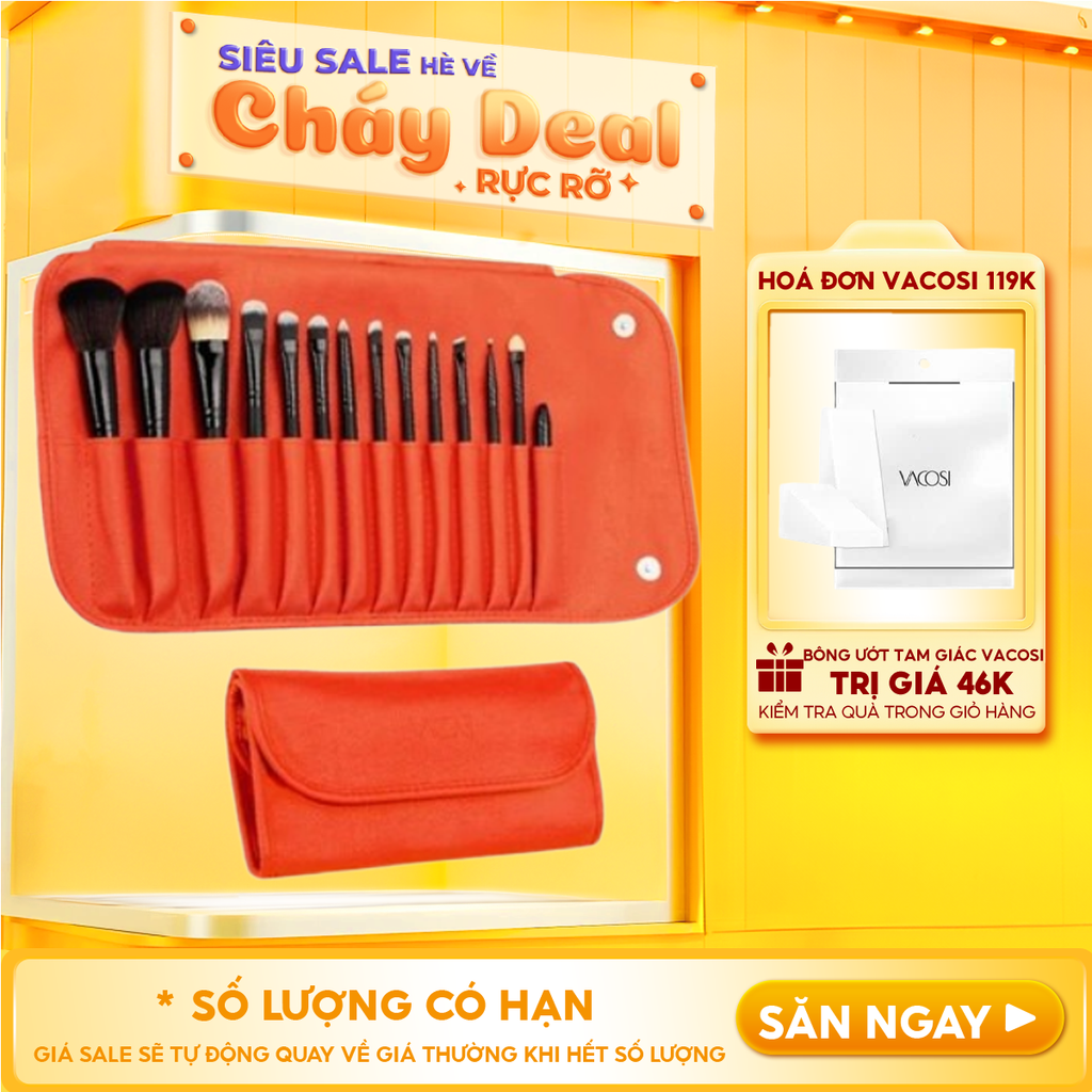 Bộ Cọ Trang Điểm Cá Nhân Vacosi Mars Mission Brush Set 14 Cây & Bóp Da Cam - BC36