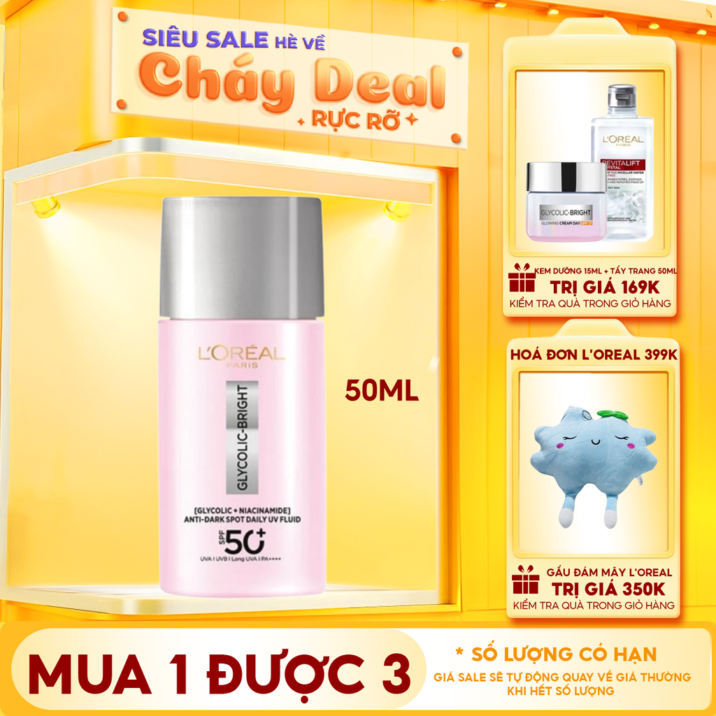 Sữa Chống Nắng Phổ Rộng L'oreal Mỏng Nhẹ, Hỗ Trợ Dưỡng Sáng, Giảm Mờ Thâm Nám Glycolic-Bright Anti-Dark Spot Daily Uv Fluid SPF 50+/PA++++ 50ml