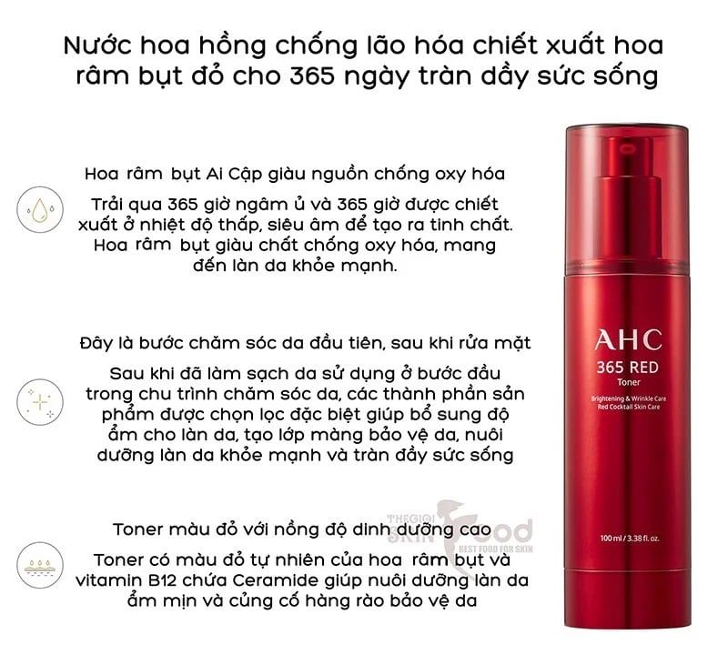 Nước Hoa Hồng Chống Lão Hóa, Làm Sáng Da AHC 365 Red Toner 100ml