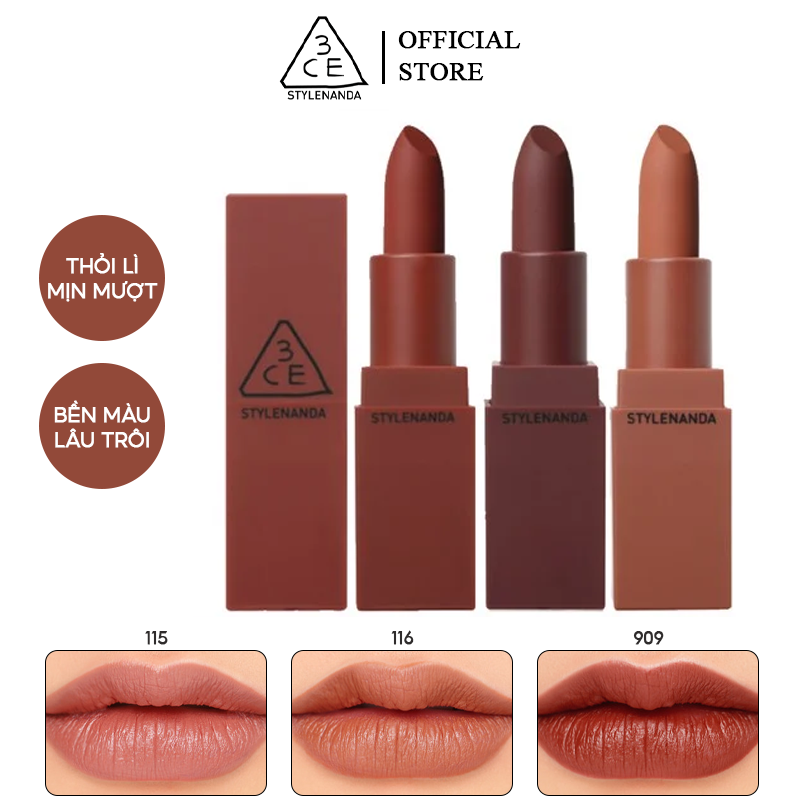 [Màu 114 - 909] Son Thỏi Lì 3CE Mood Recipe Matte Lip Color 3.5g (Vỏ Đỏ)