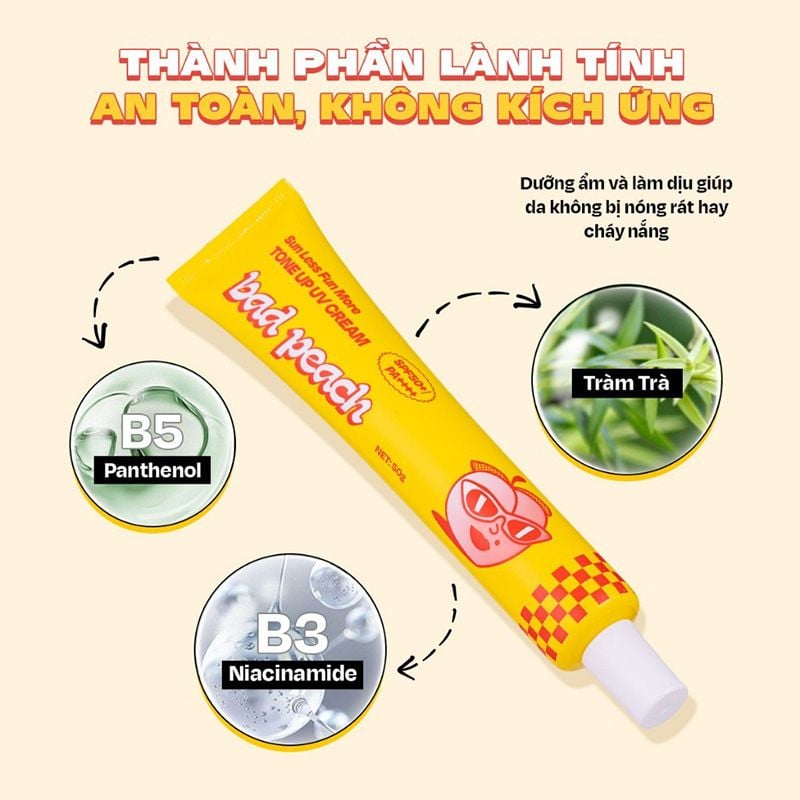 Kem Chống Nắng Nâng Tông Bad Peach Sun Less Fun More Tone Up Cream SPF50+/PA++++ 50g