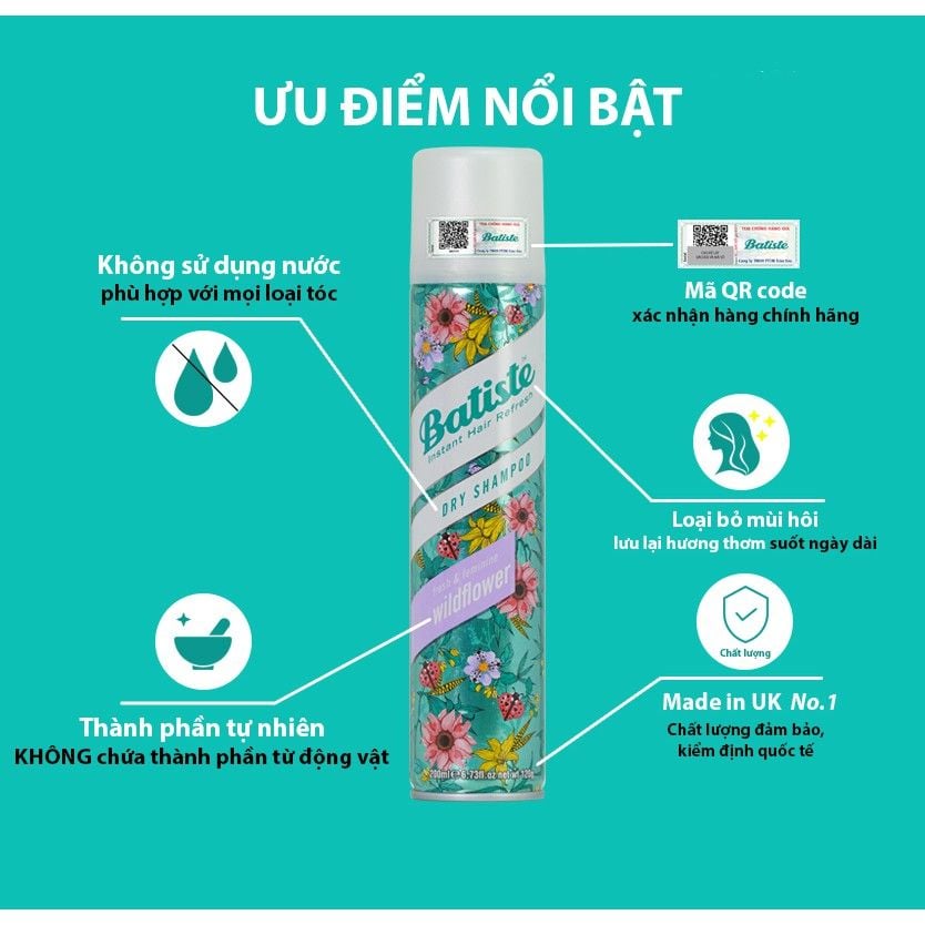 Dầu Gội Khô Batiste Giúp Làm Sạch, Tóc Bồng Bềnh Dry Shampoo 200ml