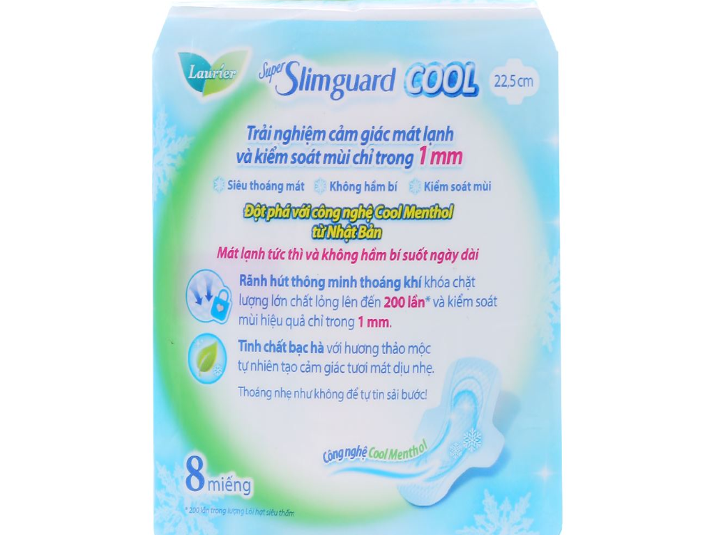 [Tặng Kèm 2 Miếng] Băng Vệ Sinh Laurier Siêu Mỏng Có Cánh Mát Lạnh Super Slimguard Cool 22.5cm - 8 Miếng (Che tên sản phẩm khi giao hàng)
