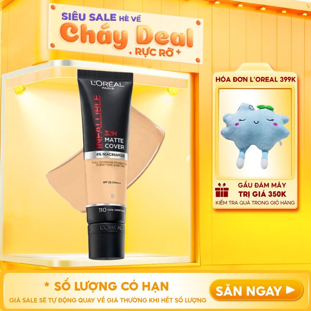 Kem Nền L'Oreal Che Phủ Cao, Kiềm Dầu, Lâu Trôi Với 4% Niacinamide Infallible 32H Matte Cover Foundation SPF25 PA+++ 30ml