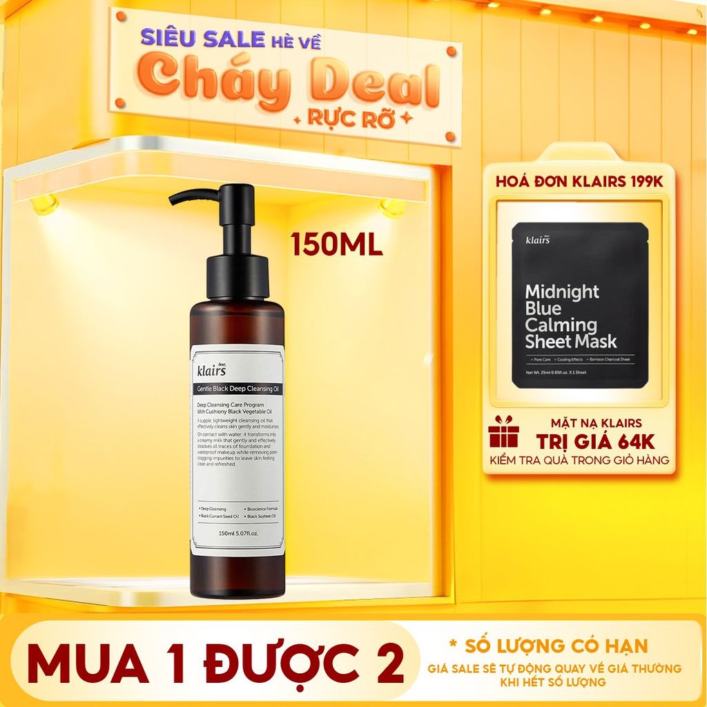 Dầu Tẩy Trang Klairs Kiểm Soát Bã Nhờn, Cung Cấp Dưỡng Chất Cho Da Gentle Black Deep Cleansing Oil 150ml
