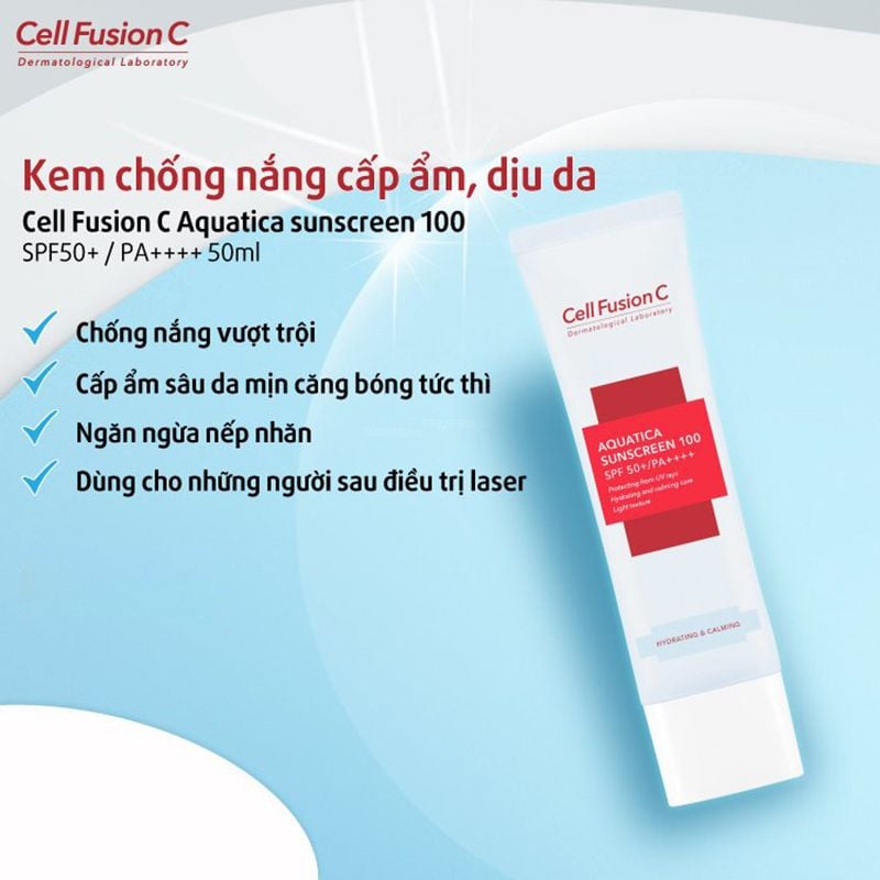 Kem Chống Nắng Cell Fusion C Cấp Ẩm, Làm Dịu Da, Cho Da Khô & Hỗn Hợp Thiên Khô Aquatica Sunscreen 100 SPF 50+/PA++++ 50ml