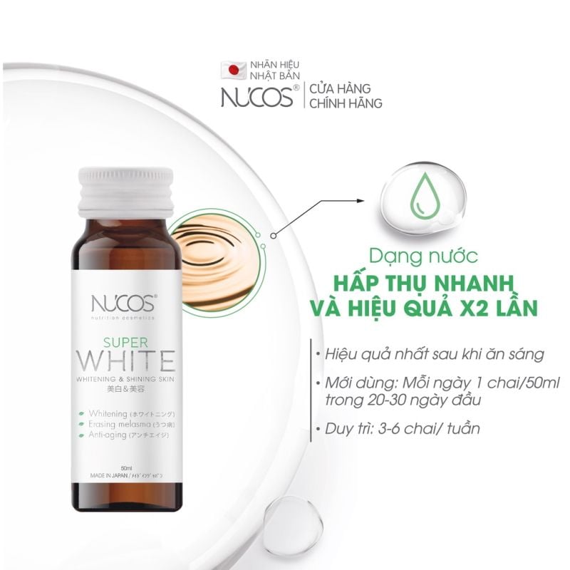 [Tặng kèm 2 chai] [Hộp 10 chai] Nước Uống Trắng Da, Mờ Thâm Nám Nhật Bản Nucos Super White Whitening & Shining Skin