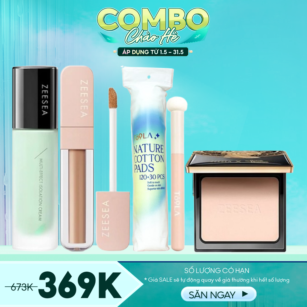 Combo Makeup Nền - 5 Sản Phẩm (Phấn Nền Zeesea #AM01 + Kem Che Khuyết Điểm Zeesea #02 + Kem Lót Zeesea 30g #A02 + Cọ Che Khuyết Điểm Toola + Bông Tẩy Trang Toola Tròn 150 Miếng)