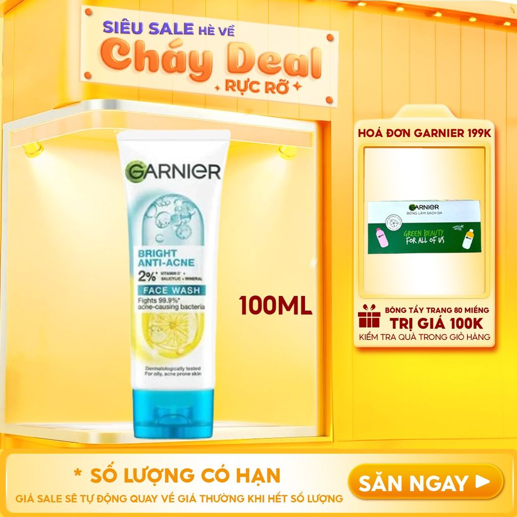 Sữa Rửa Mặt Garnier 3 Trong 1 Hỗ Trợ Giảm Mụn, Hỗ Trợ Dưỡng Sáng Da Bright Complete 3-in-1 Anti-Acne Foam 100ml