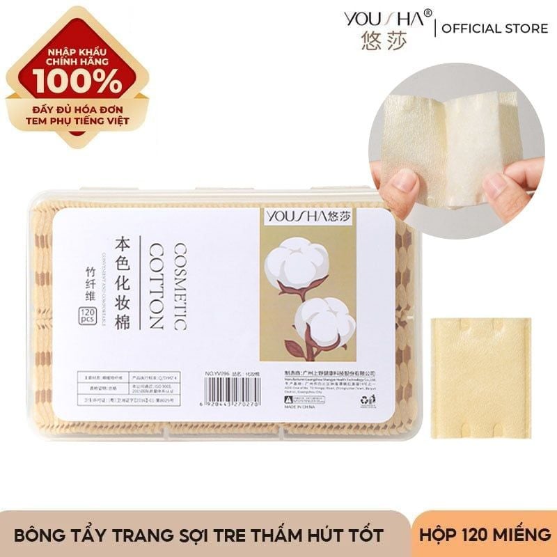 [NHẬP KHẨU][Hộp 120 Miếng] Bông Tẩy Trang Sợi Tre Yousha 3 Lớp Thấm Hút Tốt YV096
