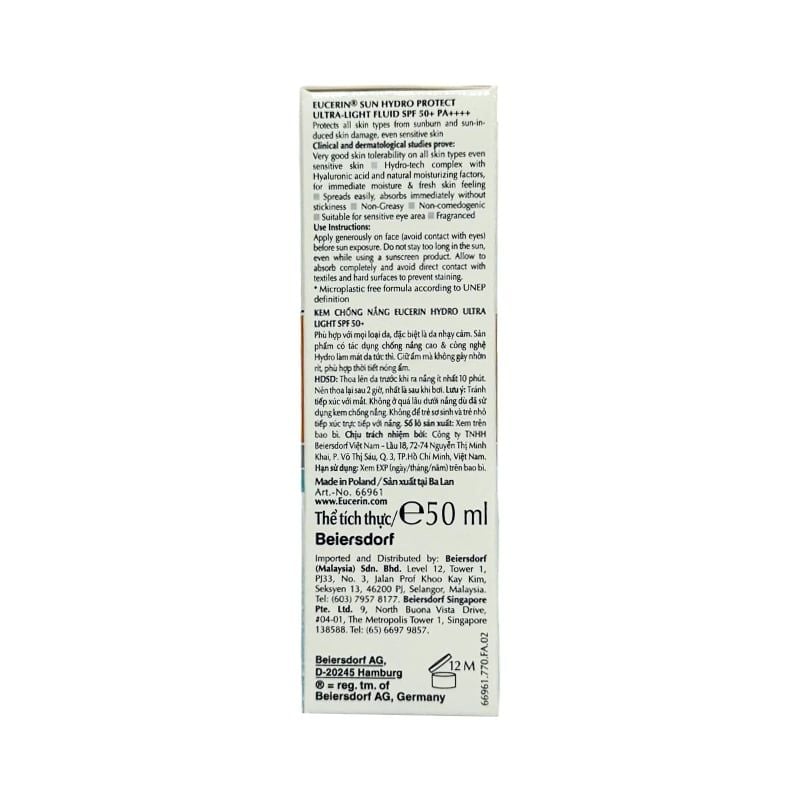Kem Chống Nắng Eucerin Mỏng Nhẹ Cho Da Nhạy Cảm Hydro Ultra Light Fluid SPF 50+ 50ml