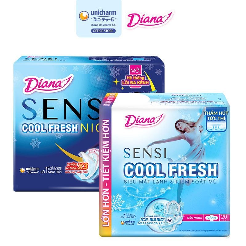 [2 Items] Set Băng Vệ Sinh Diana Sensi Cool Fresh Có Cánh (Gói 20 Miếng) Và Cool Fresh Ban Đêm 29cm (2 Miếng)(Che tên sản phẩm khi giao hàng)